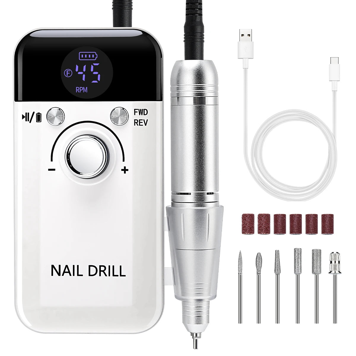 45000RPM Nail Drill Machine with Low Noise Portable Nail Drill Machine Rechargeable Nail Sander File for Manicure Salon Tool
