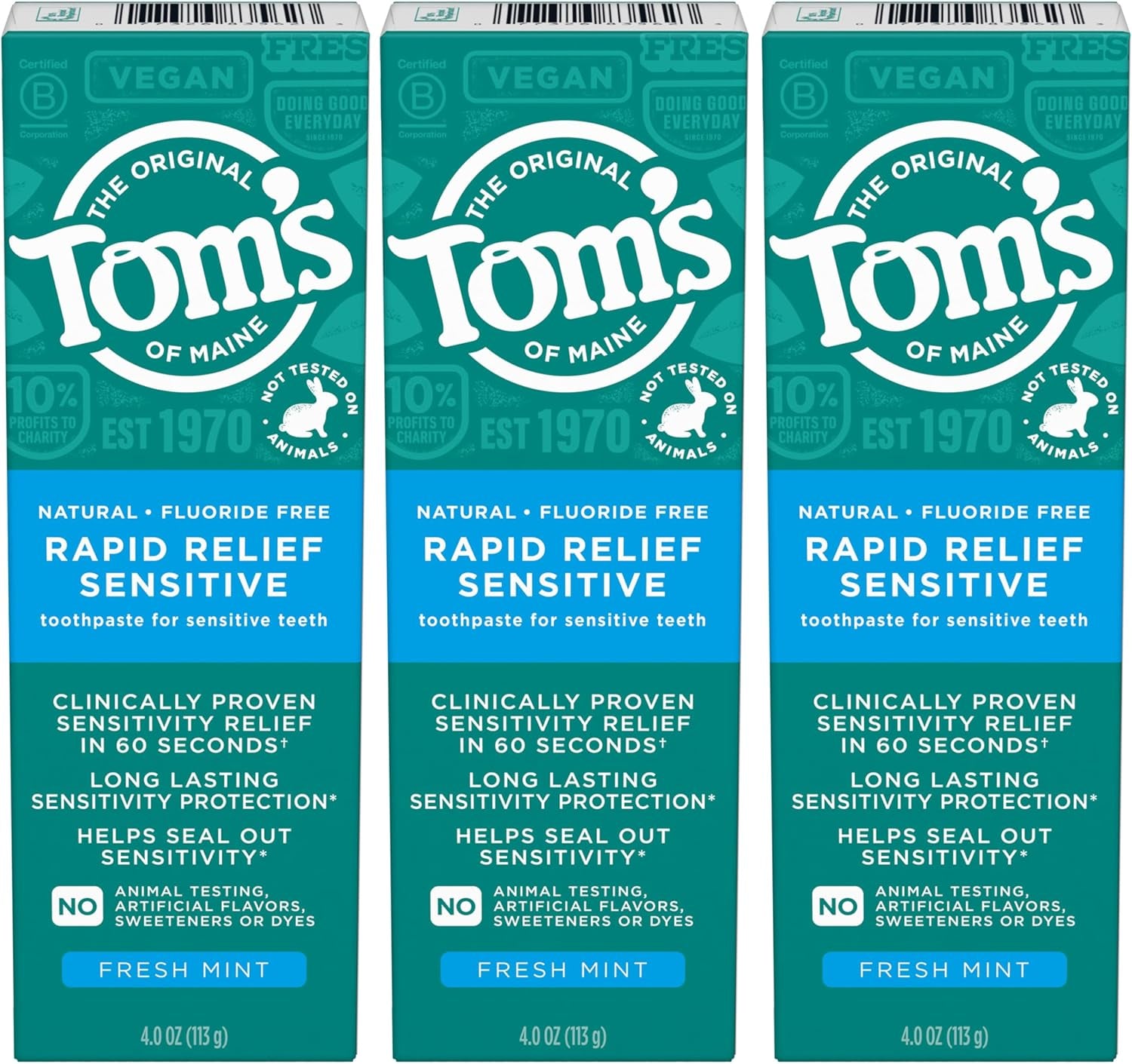 Fluoride-Free Rapid Relief Sensitive Toothpaste, Fresh Mint, 4 Oz. 3-Pack (Packaging May Vary)