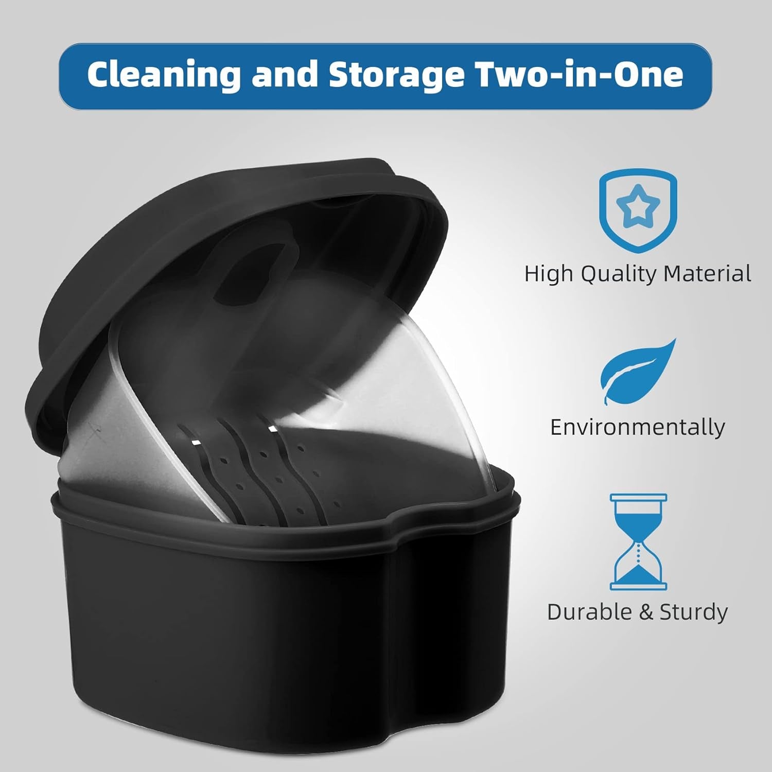 Denture Cup Retainer Cleaning Case Denture Soaking Container with Strainer Basket, Denture Cups for Soaking Dentures Mouthguard Storage Holder - Black