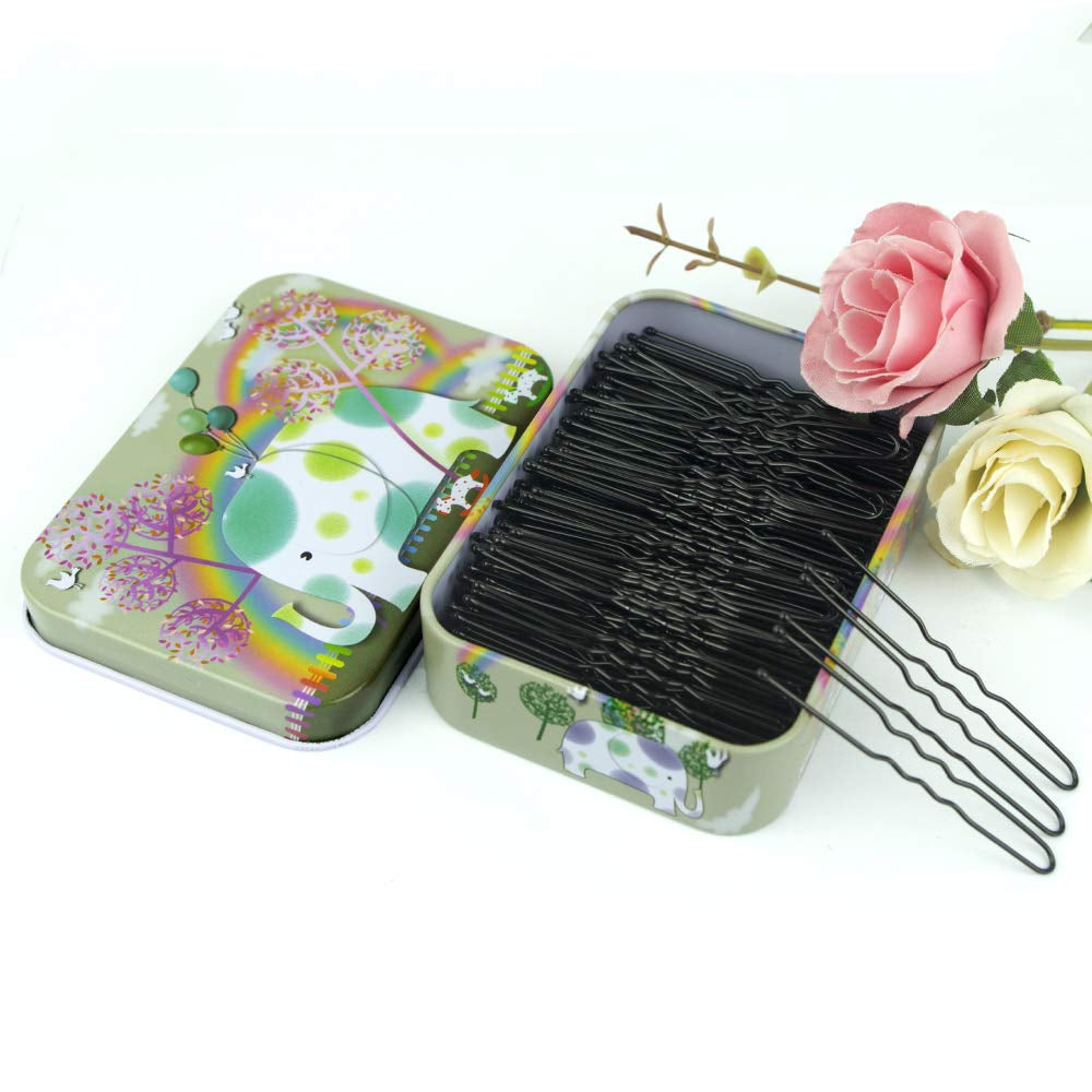 200Pcs U Shaped Hair Pins Black with Cute Case, Hairpins for Buns, Premium Bobby Pins for Kids, Girls and Women, Great for All Hair Types(2.4 & 2 Inch) (Black)