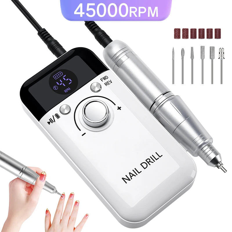 45000RPM Nail Drill Machine with Low Noise Portable Nail Drill Machine Rechargeable Nail Sander File for Manicure Salon Tool