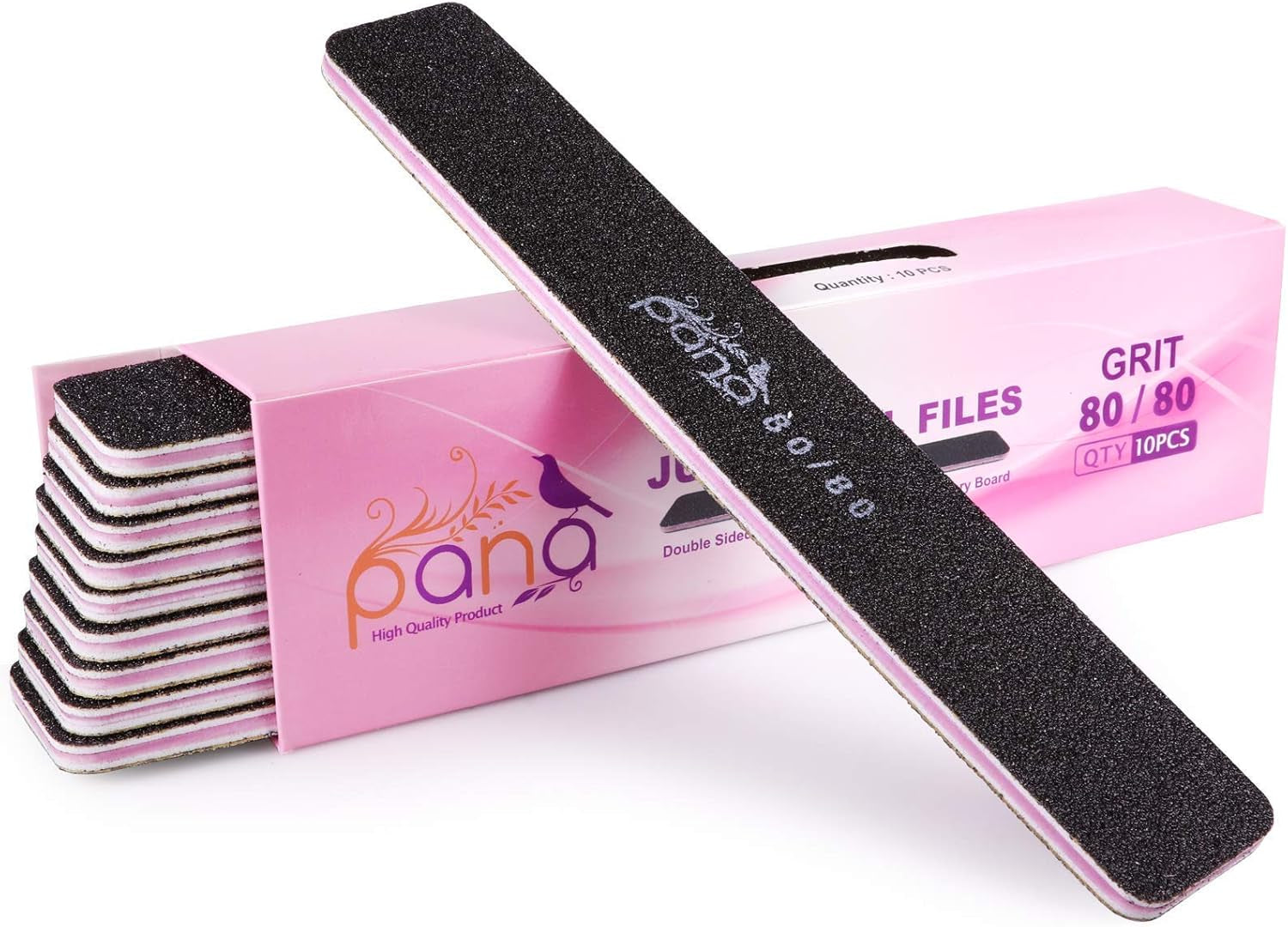 10Pcs - Jumbo Double-Sided Emery Nail File for Manicure, Pedicure, Natural, and Acrylic Nails - Black (Grit 80/80)
