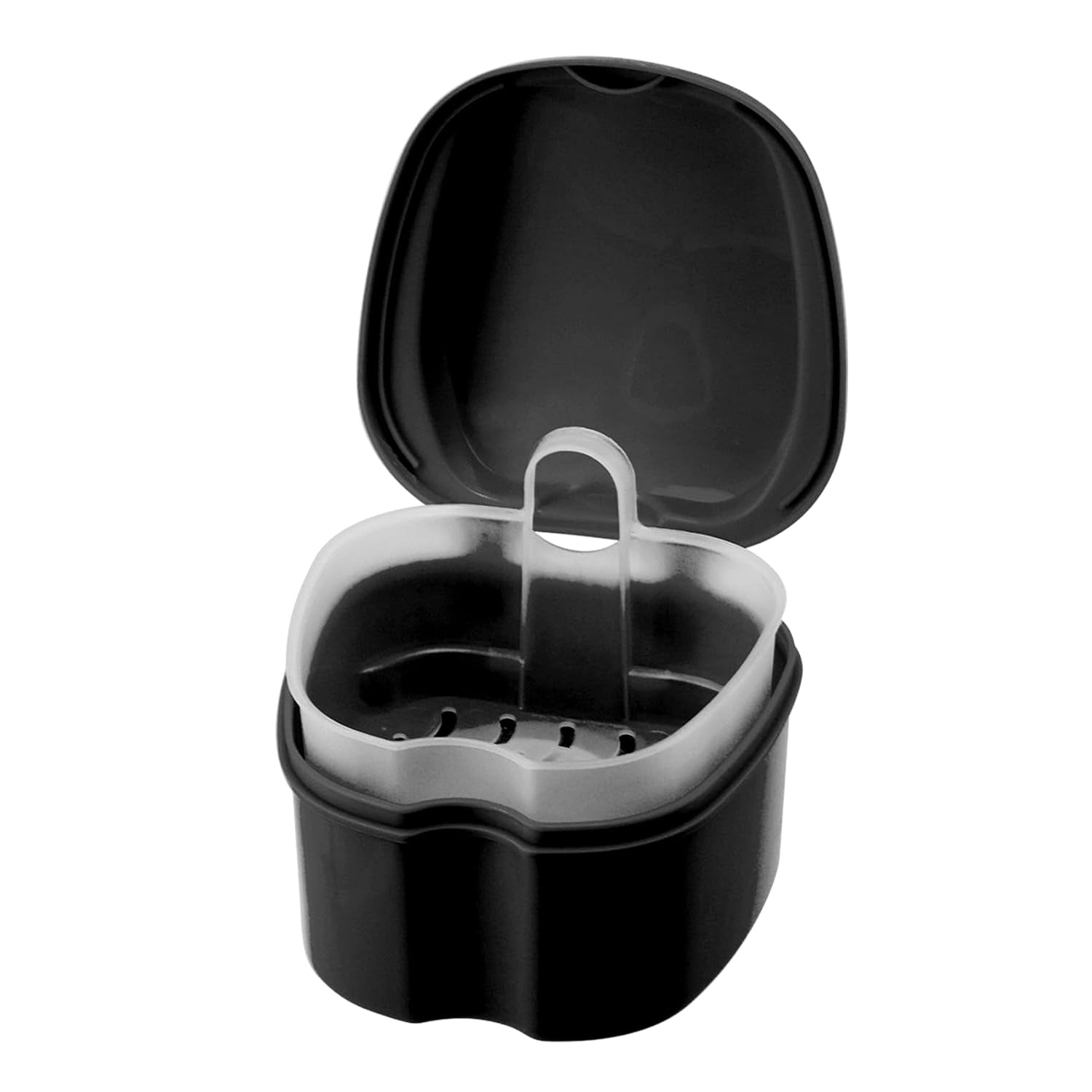 Denture Cup Retainer Cleaning Case Denture Soaking Container with Strainer Basket, Denture Cups for Soaking Dentures Mouthguard Storage Holder - Black