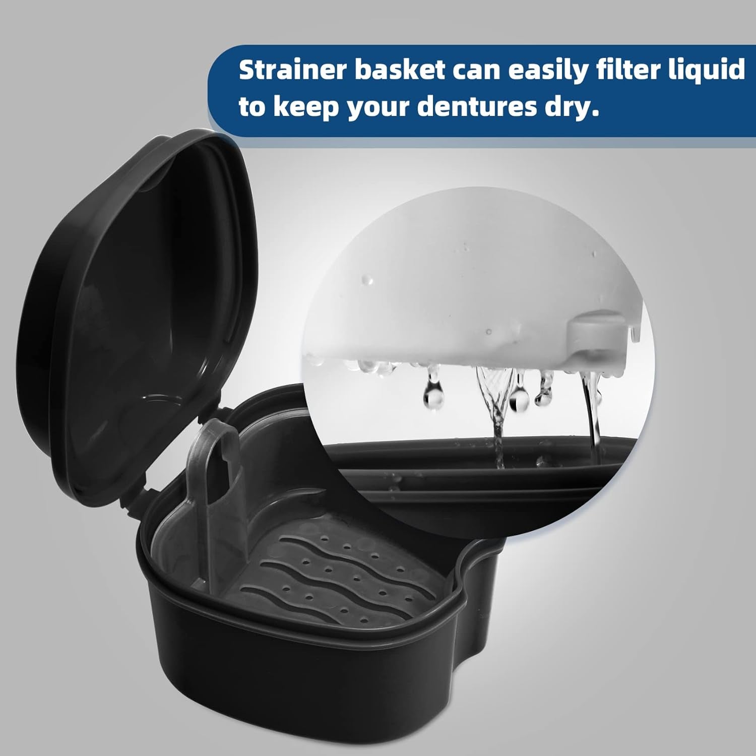 Denture Cup Retainer Cleaning Case Denture Soaking Container with Strainer Basket, Denture Cups for Soaking Dentures Mouthguard Storage Holder - Black