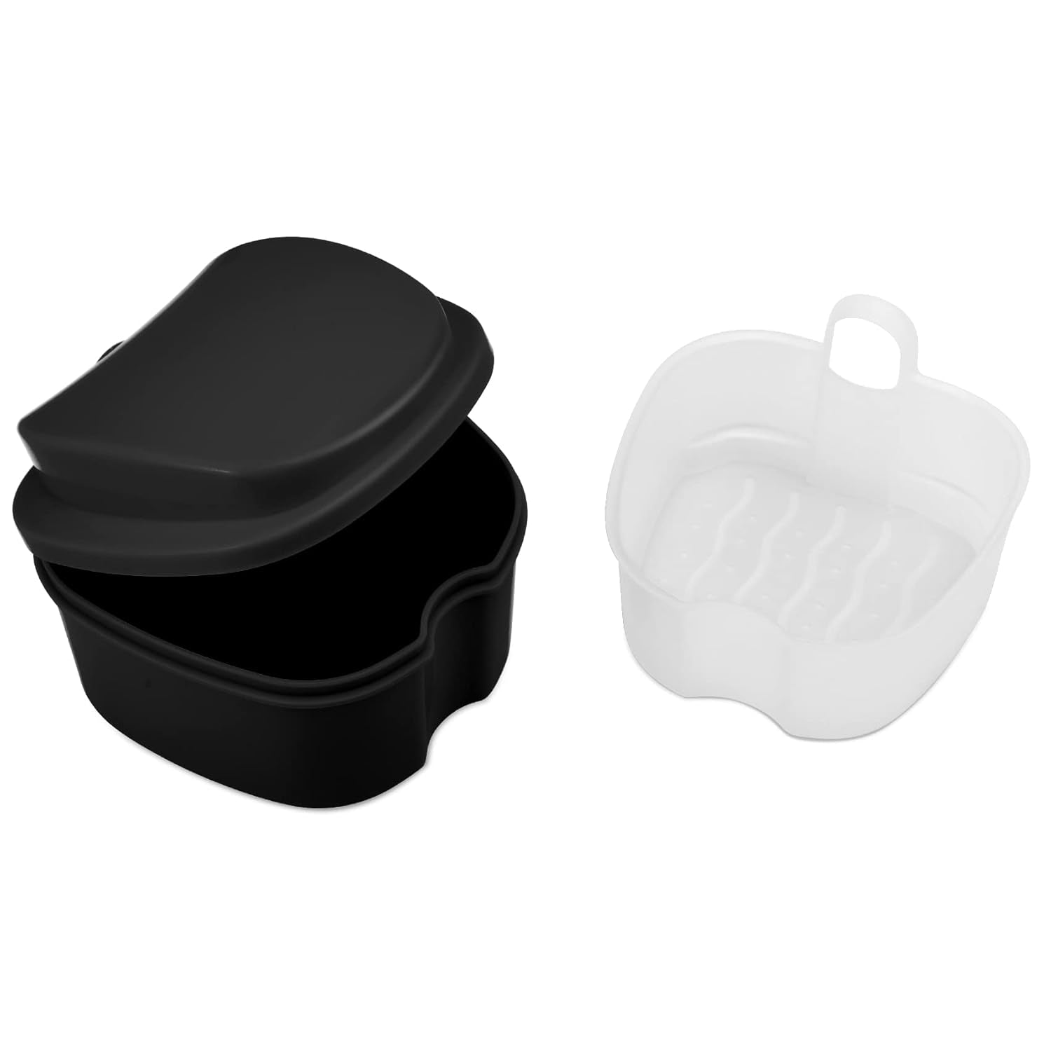 Denture Cup Retainer Cleaning Case Denture Soaking Container with Strainer Basket, Denture Cups for Soaking Dentures Mouthguard Storage Holder - Black