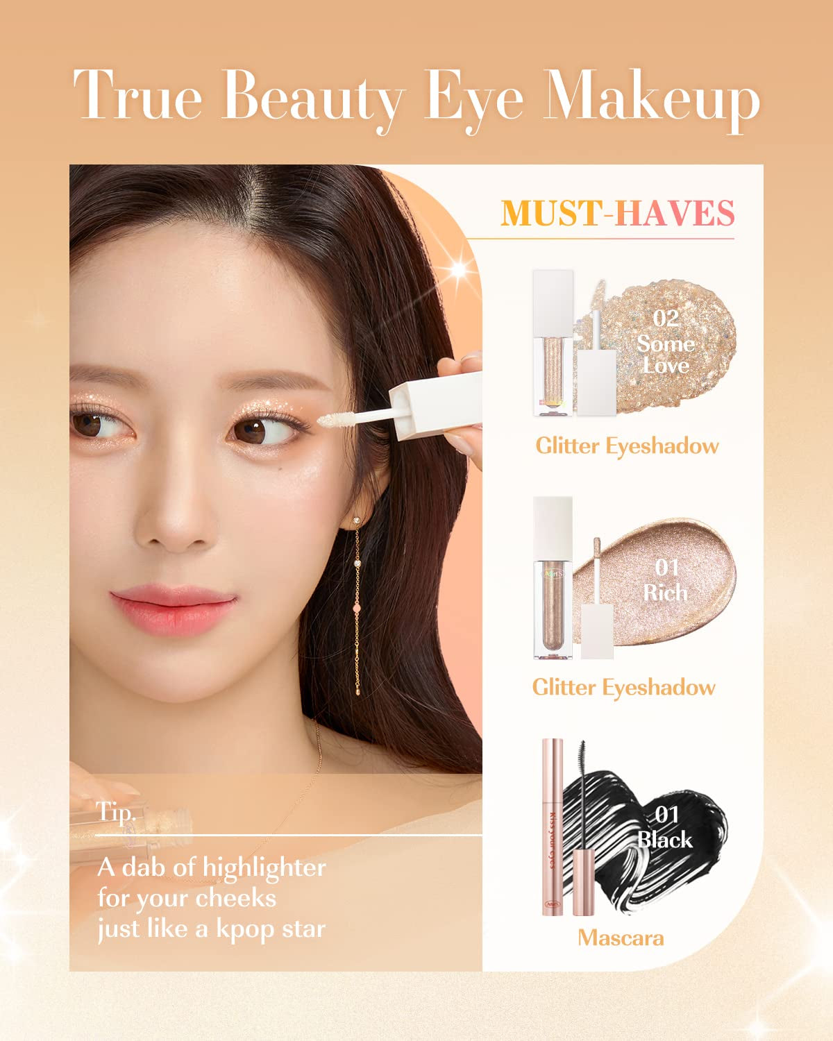 Webtoon True Beauty - 02 Some Sweet Glitter | Liquid Pink Gold Chunky Glitter Eyeshadow | Highlighter, K-Drama Korean Makeup, Highly Pigmented, Long Lasting Shimmer (Some Sweet)