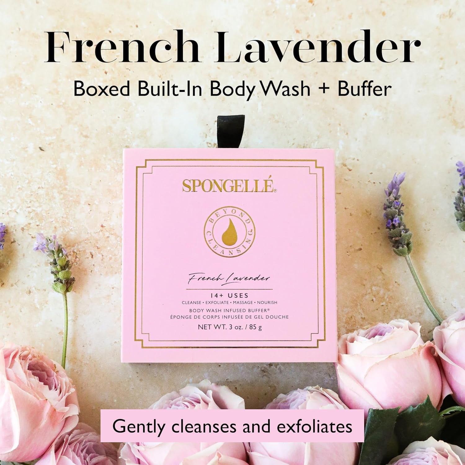 French Lavender Wild Flower Buffer Body Scrubber with Box | Bath & Shower Loofah for Women | Exfoliator with Body Wash Infused | 14+ Uses