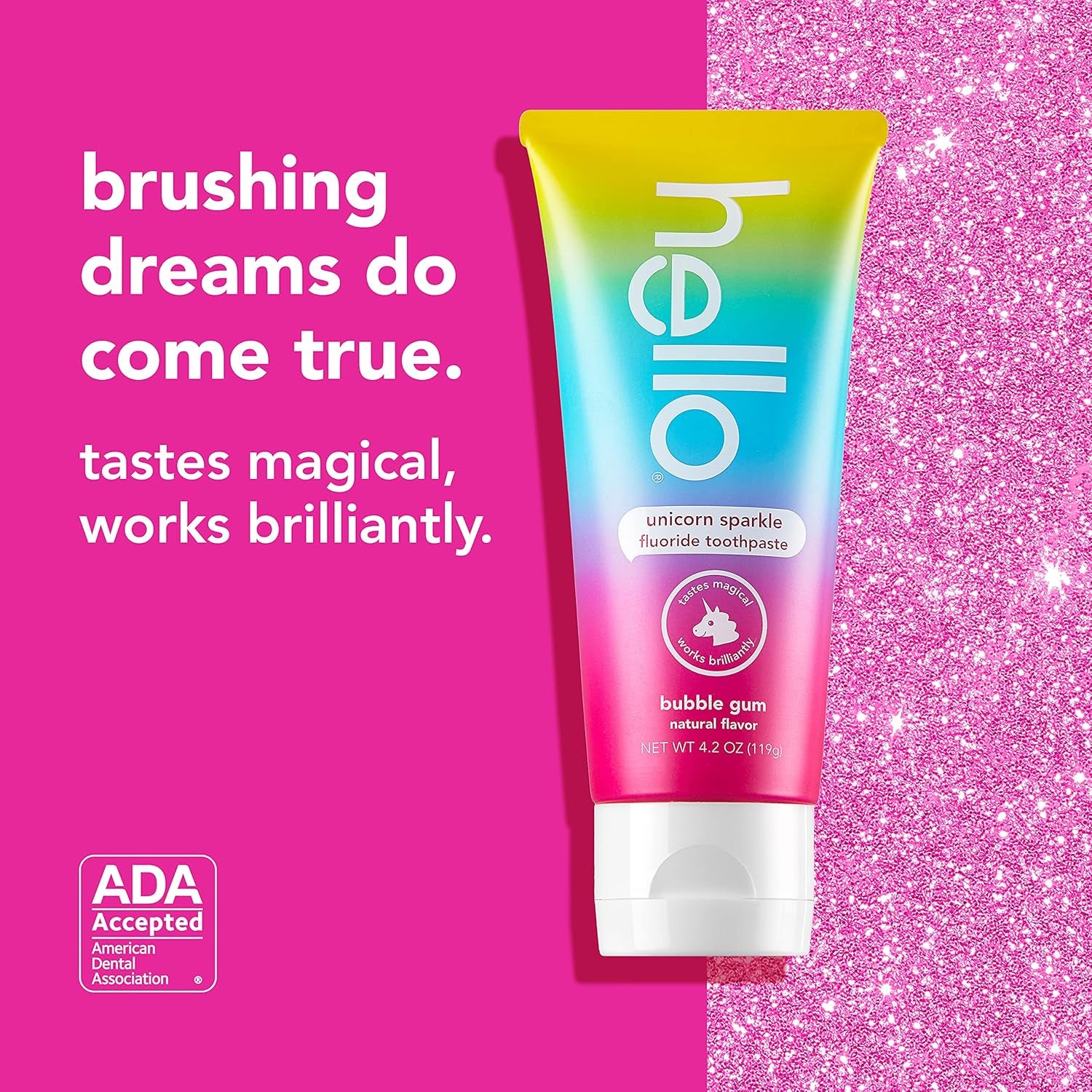 Kids Unicorn Sparkle Fluoride Toothpaste with Natural Bubble Gum Flavor, Vegan, SLS & Gluten Free, 4.2 Oz, 4 Count