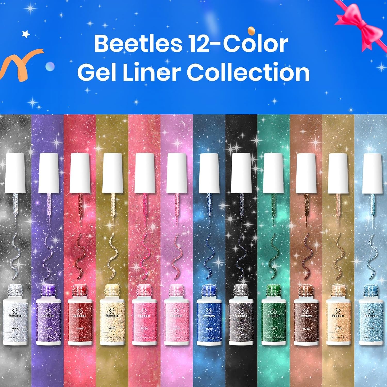 Beetles Nail Art Gel Liner Polish 12 Colors Reflective Glitter Gel Nail Polish, Gold Silver Pink Blue Purple Brown Black Kit Soak off Uv Nail Art Design Set Summer Manicure Gifts for Women