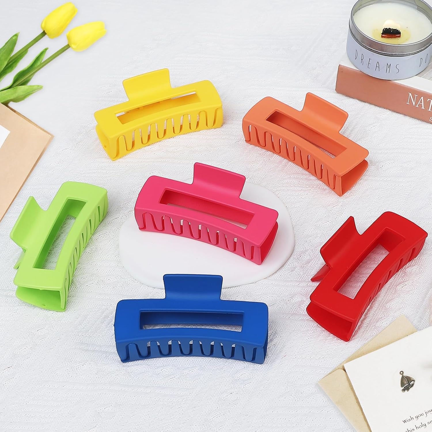 4 Inch Big Hair Claw Clips - 6 Pcs Large for Thick Hair, Square and Rectangle, Banana Jaw Clips, Hair Accessories for Women and Girls - Dopamine