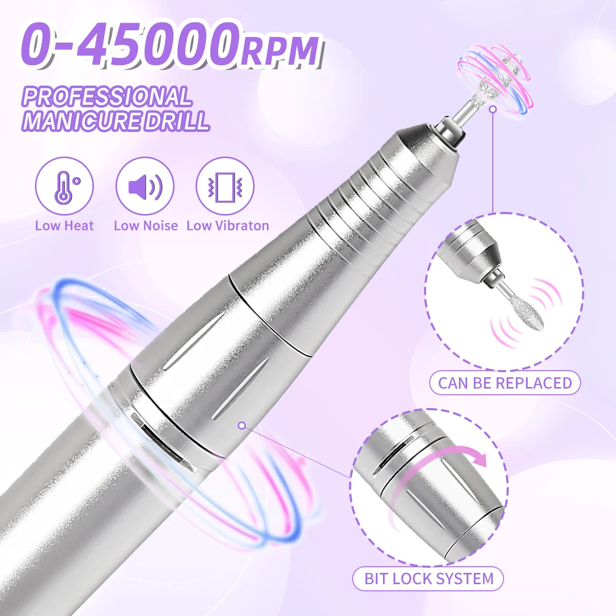 45000RPM Nail Drill Machine with Low Noise Portable Nail Drill Machine Rechargeable Nail Sander File for Manicure Salon Tool