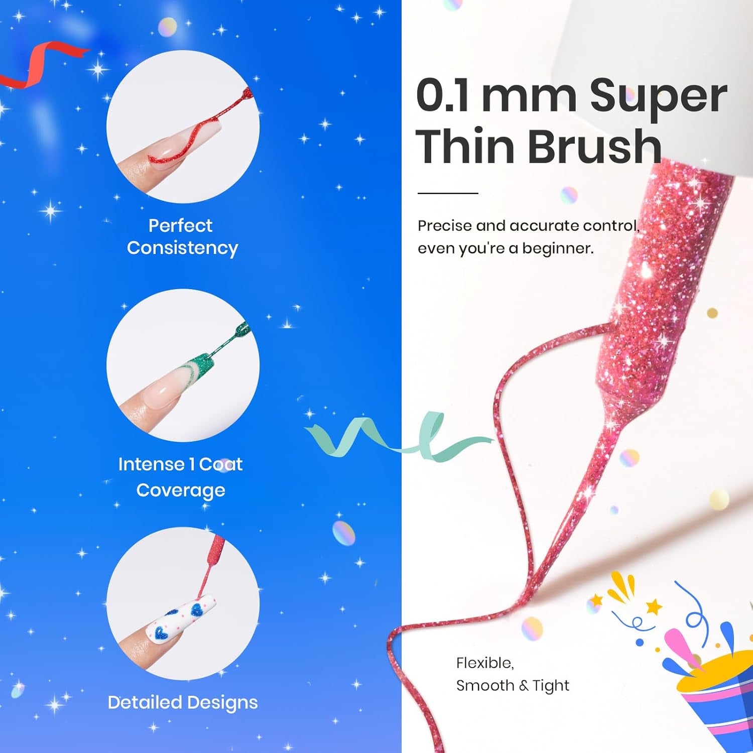 Beetles Nail Art Gel Liner Polish 12 Colors Reflective Glitter Gel Nail Polish, Gold Silver Pink Blue Purple Brown Black Kit Soak off Uv Nail Art Design Set Summer Manicure Gifts for Women