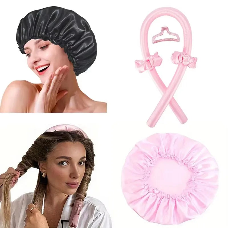 2Pcs Heat Free Hair Curler Satin Silk Sleeping Cap Set Headwrap for Natural Curly Hair Long Hair Care Wave Sleeping Curling Tool