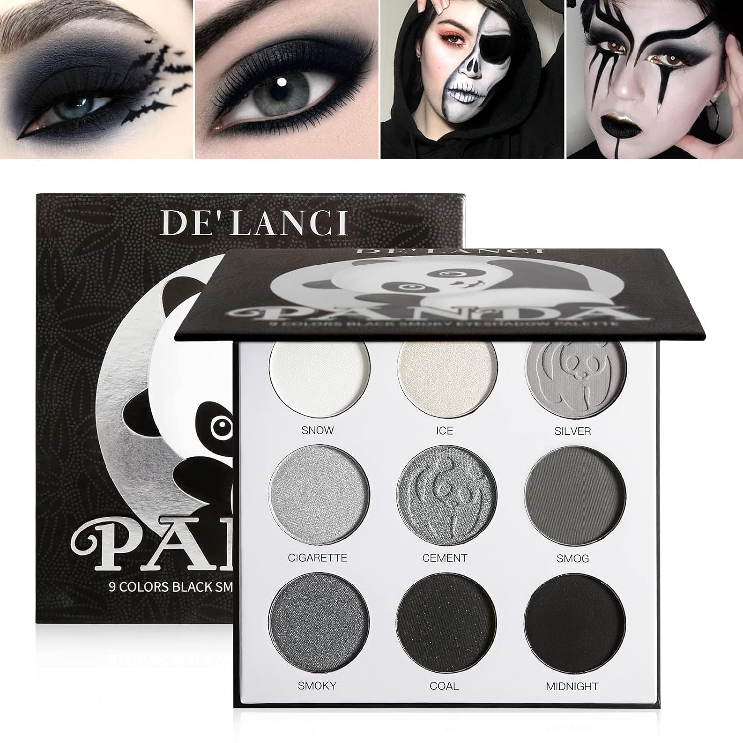 Black Smoky Eye Shadow Palette, DE’LANCI PANDA 9 Colors True Black Dark Grey Smokey Goth Makeup Pallet, 9 Soft Matte Shimmer High Pigmented Basic Black White Gray Shade for Halloween