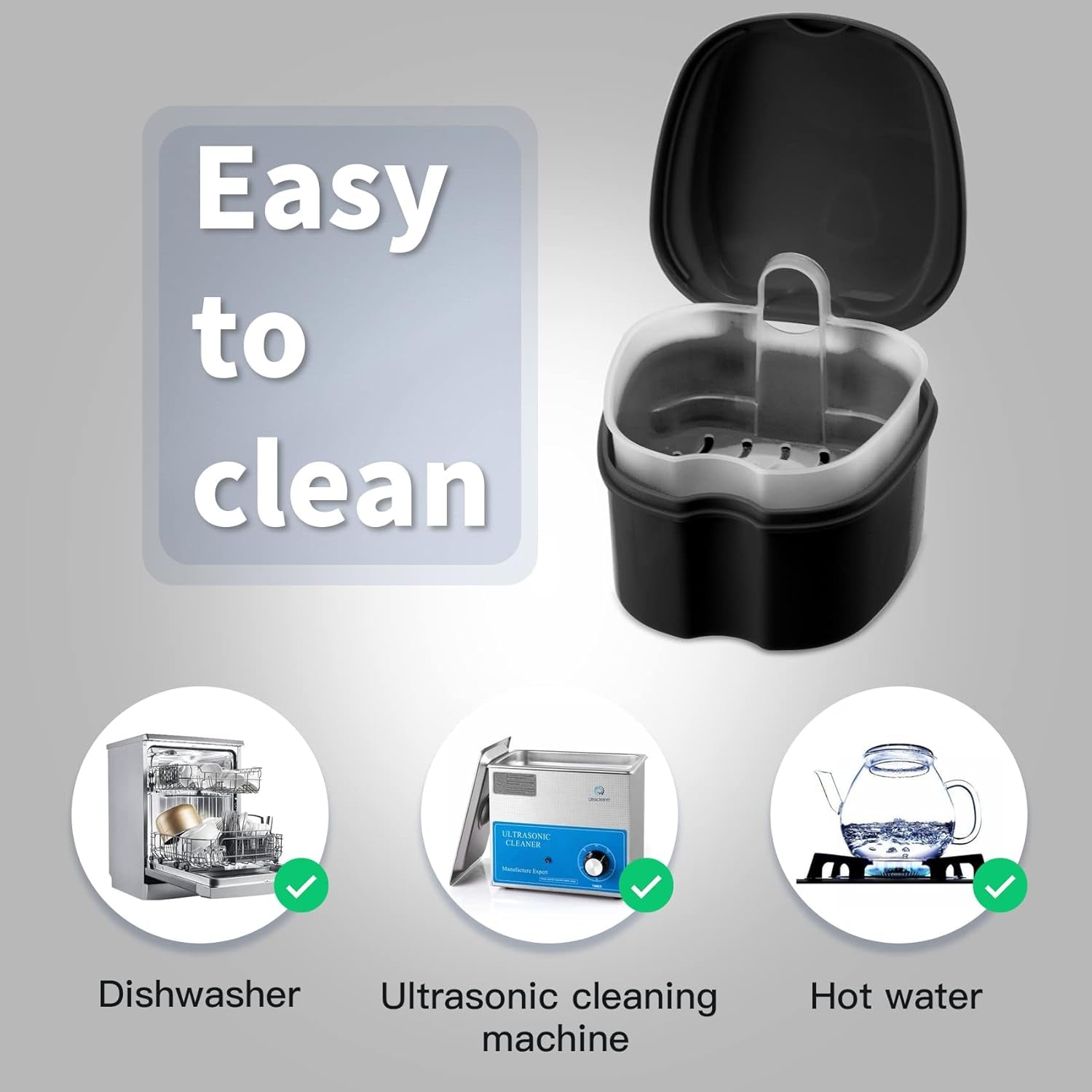 Denture Cup Retainer Cleaning Case Denture Soaking Container with Strainer Basket, Denture Cups for Soaking Dentures Mouthguard Storage Holder - Black