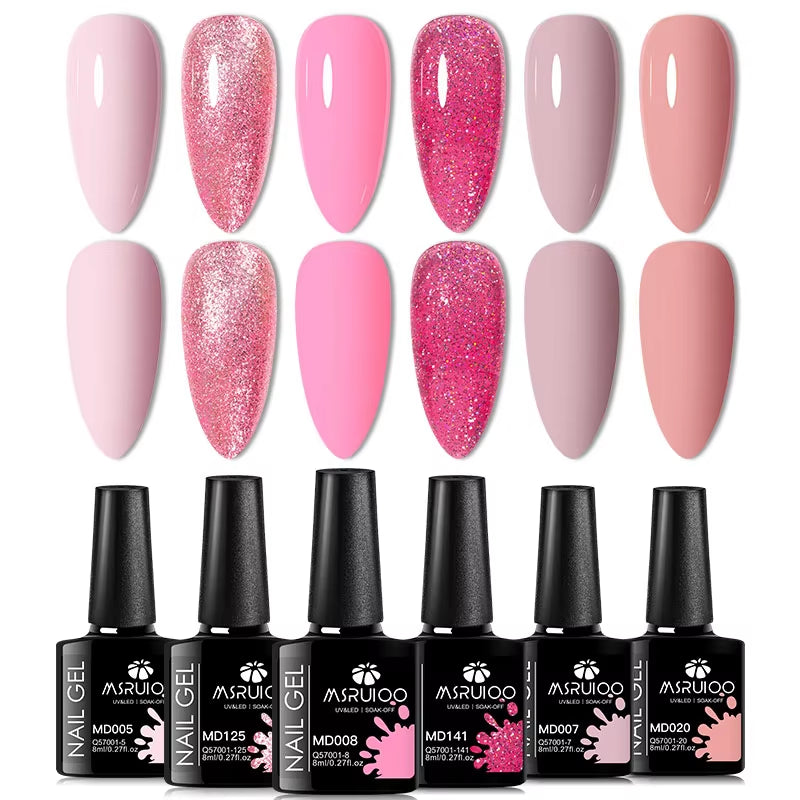 6Pc All-Season Gel Nail Polish Set Nude Pink Red Glitter Semi Permanent UV Gel Polish Kits All for Manicure Soak off Vernis