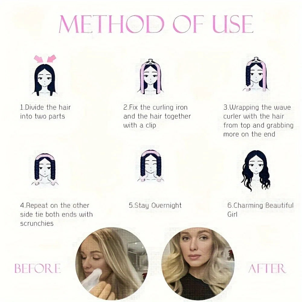 2Pcs Heat Free Hair Curler Satin Silk Sleeping Cap Set Headwrap for Natural Curly Hair Long Hair Care Wave Sleeping Curling Tool