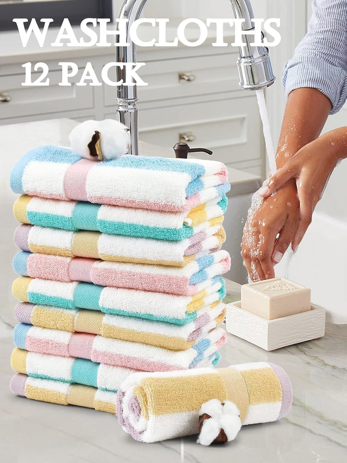 Cotton 12 Pack Striped Washcloths, 13 X 13 Inches, 3 Colors - Face and Body Cleansing Towels