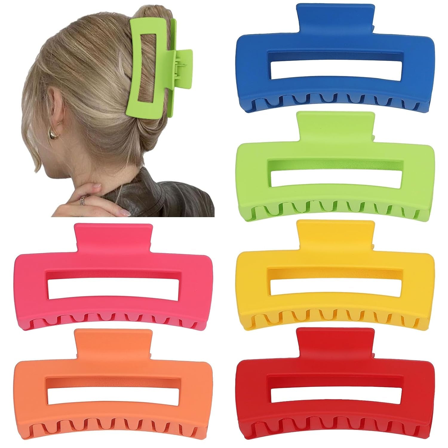4 Inch Big Hair Claw Clips - 6 Pcs Large for Thick Hair, Square and Rectangle, Banana Jaw Clips, Hair Accessories for Women and Girls - Dopamine