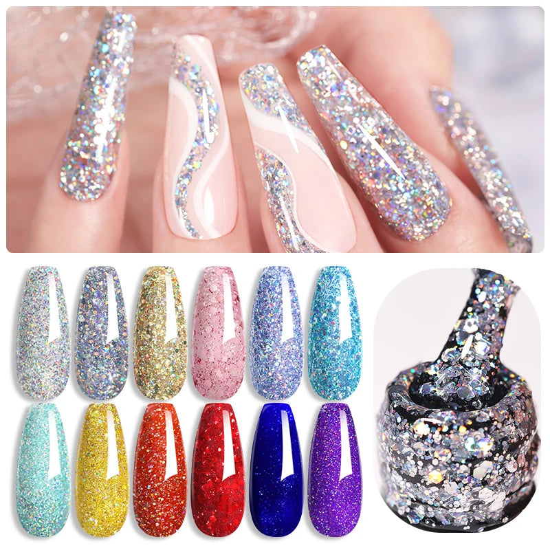 LILYCUTE Glitter Sequins Gel Nail Polish Shiny Spring Summer Color Semi Permanant UV Gel Soak off for Manicure Nail Art Varnish