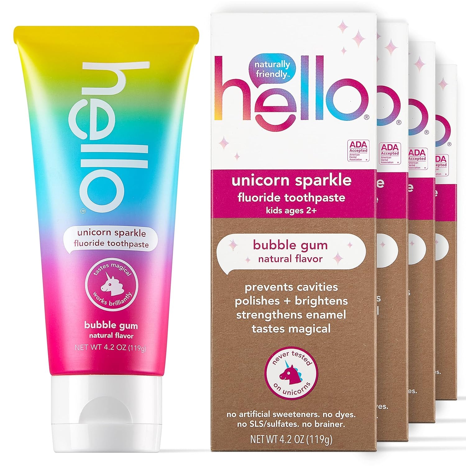 Kids Unicorn Sparkle Fluoride Toothpaste with Natural Bubble Gum Flavor, Vegan, SLS & Gluten Free, 4.2 Oz, 4 Count