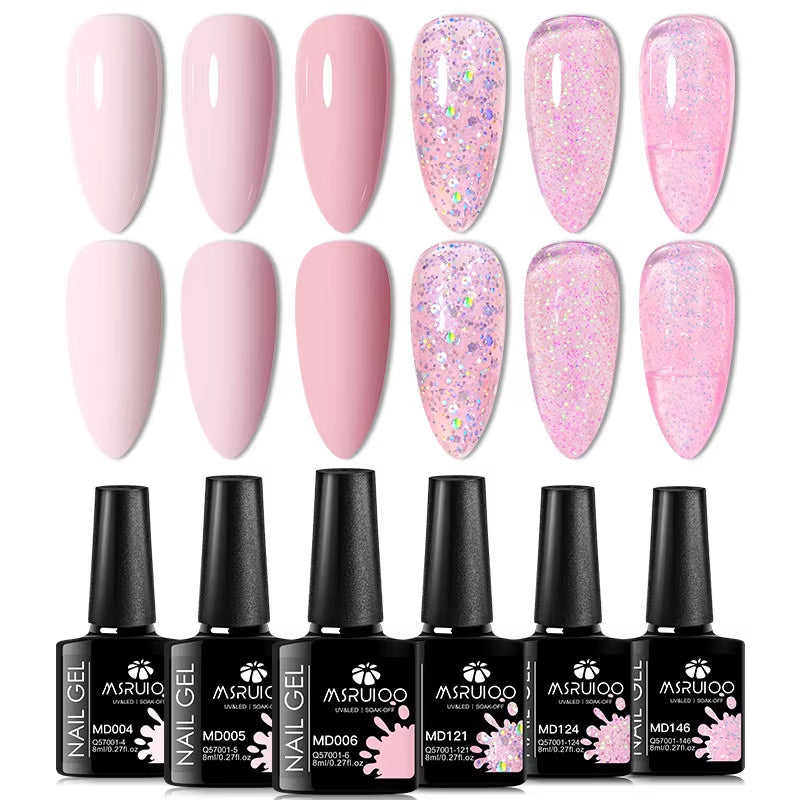 6Pc All-Season Gel Nail Polish Set Nude Pink Red Glitter Semi Permanent UV Gel Polish Kits All for Manicure Soak off Vernis