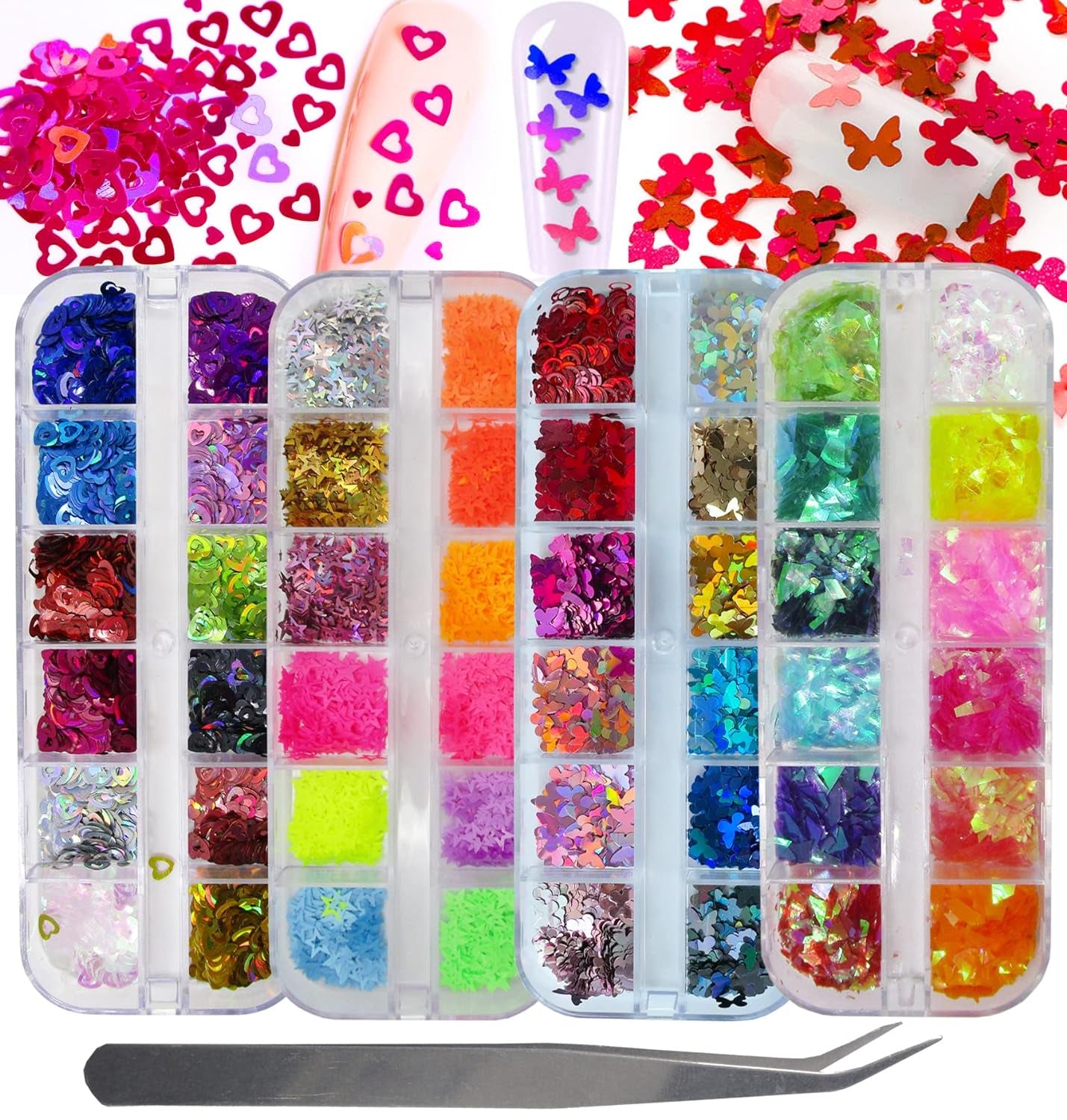 Nail Glitters Sequins Set Mixed Shaped Holographic Heart Butterfly Neon Star Chunky Glitter Flakes Accessories Manicure Sticker Decorations for Makeup Crafts Resin Nails