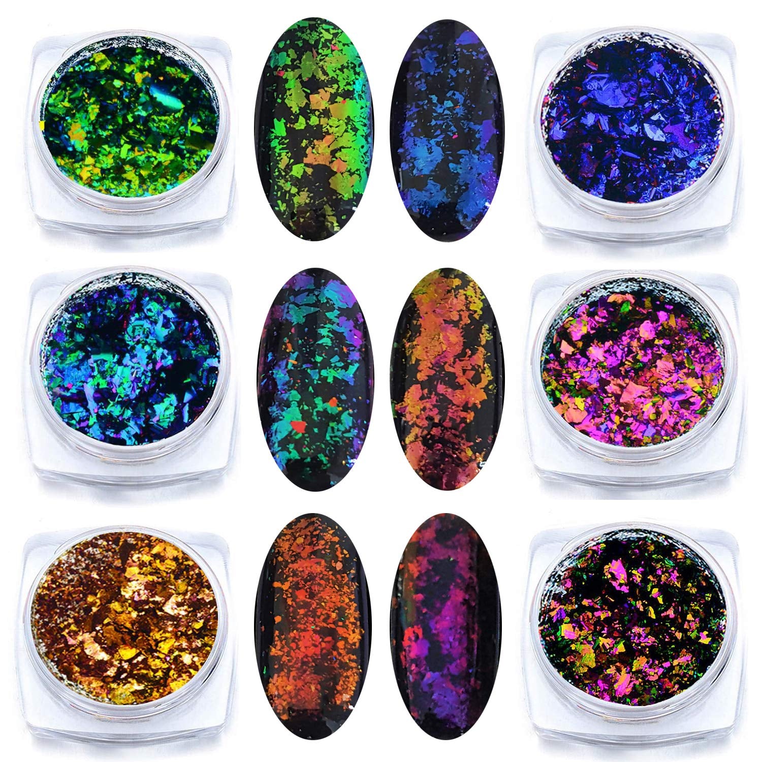 Iridescent Glitter Chameleon Nail Flakes Set Chrome Nail Powder Mirror Mermaid Effect Set 6 Jars (Dark Chameleon)