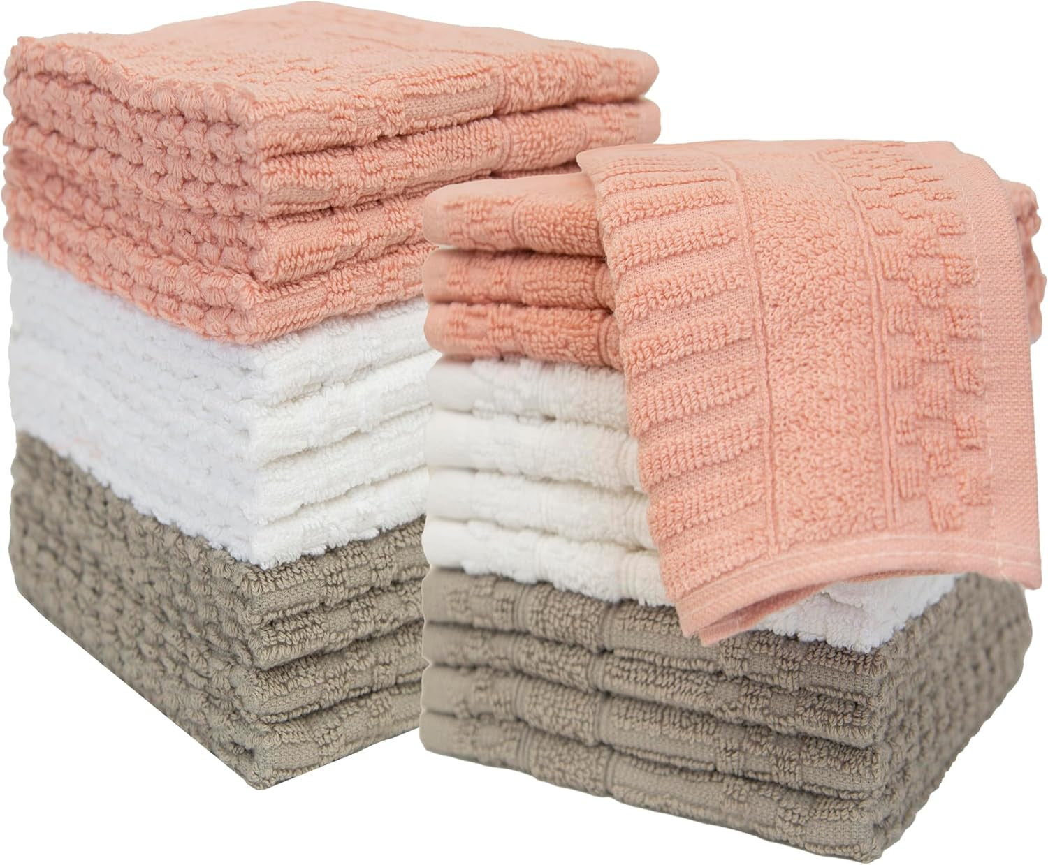 Diamond Wash Cloths Set - 12 Pack (12” X 12”) – 509 GSM - 100% Ring Spun Cotton Wash Cloth - Super Soft and Highly Absorbent Face Towels (Blush, White & Tan)