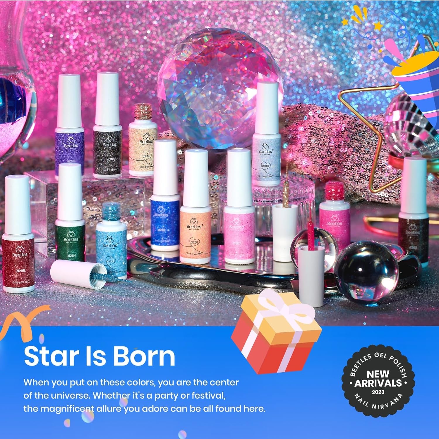 Beetles Nail Art Gel Liner Polish 12 Colors Reflective Glitter Gel Nail Polish, Gold Silver Pink Blue Purple Brown Black Kit Soak off Uv Nail Art Design Set Summer Manicure Gifts for Women