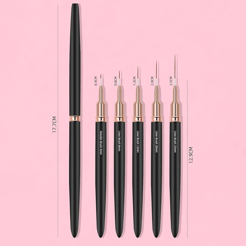 Black Nail Art Liner Brushes 5Sizes Painting Nail Design Pen /8/12/20/25Mm Drawing Tool for Long Lines Thin Details Manicure Pen