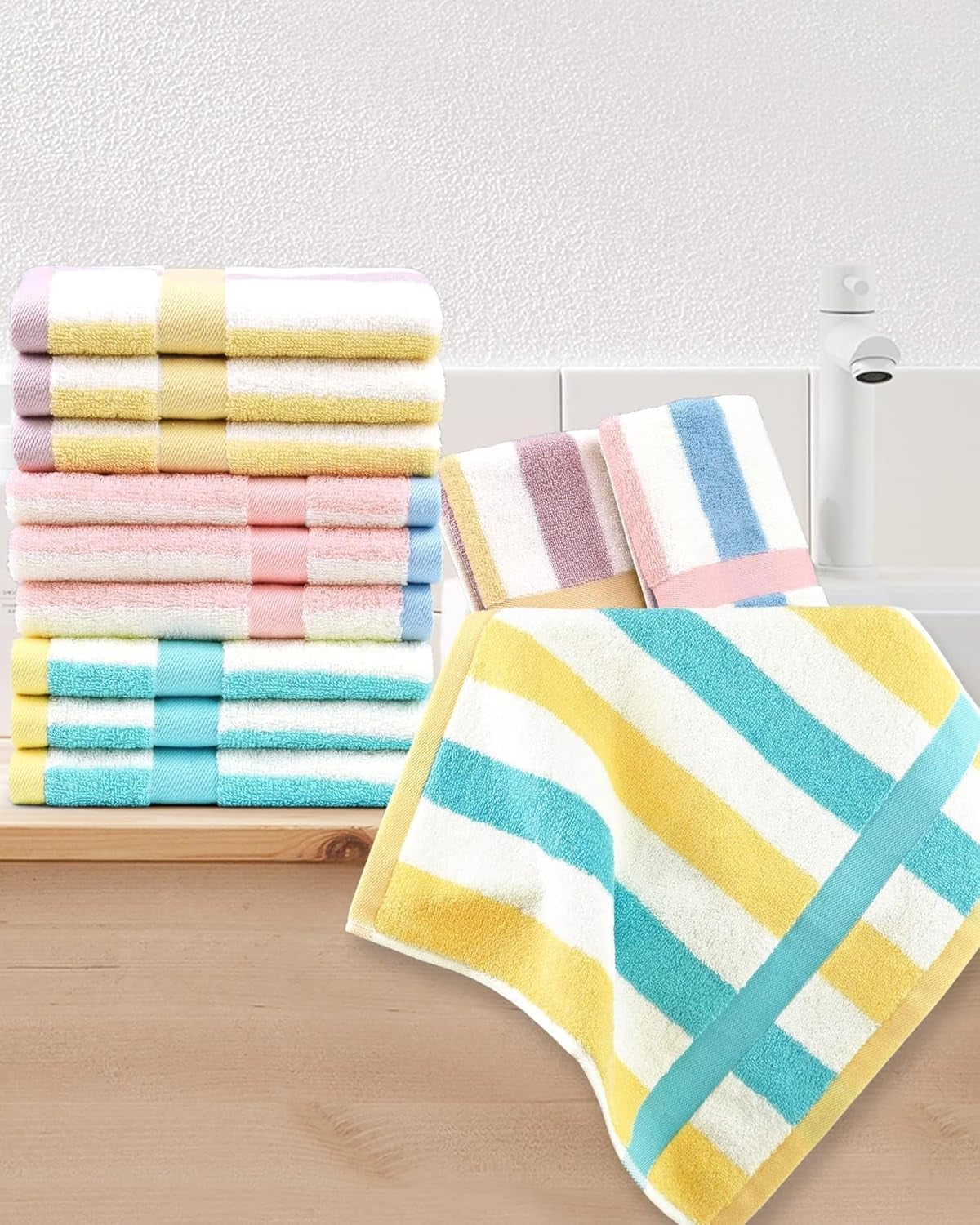 Cotton 12 Pack Striped Washcloths, 13 X 13 Inches, 3 Colors - Face and Body Cleansing Towels