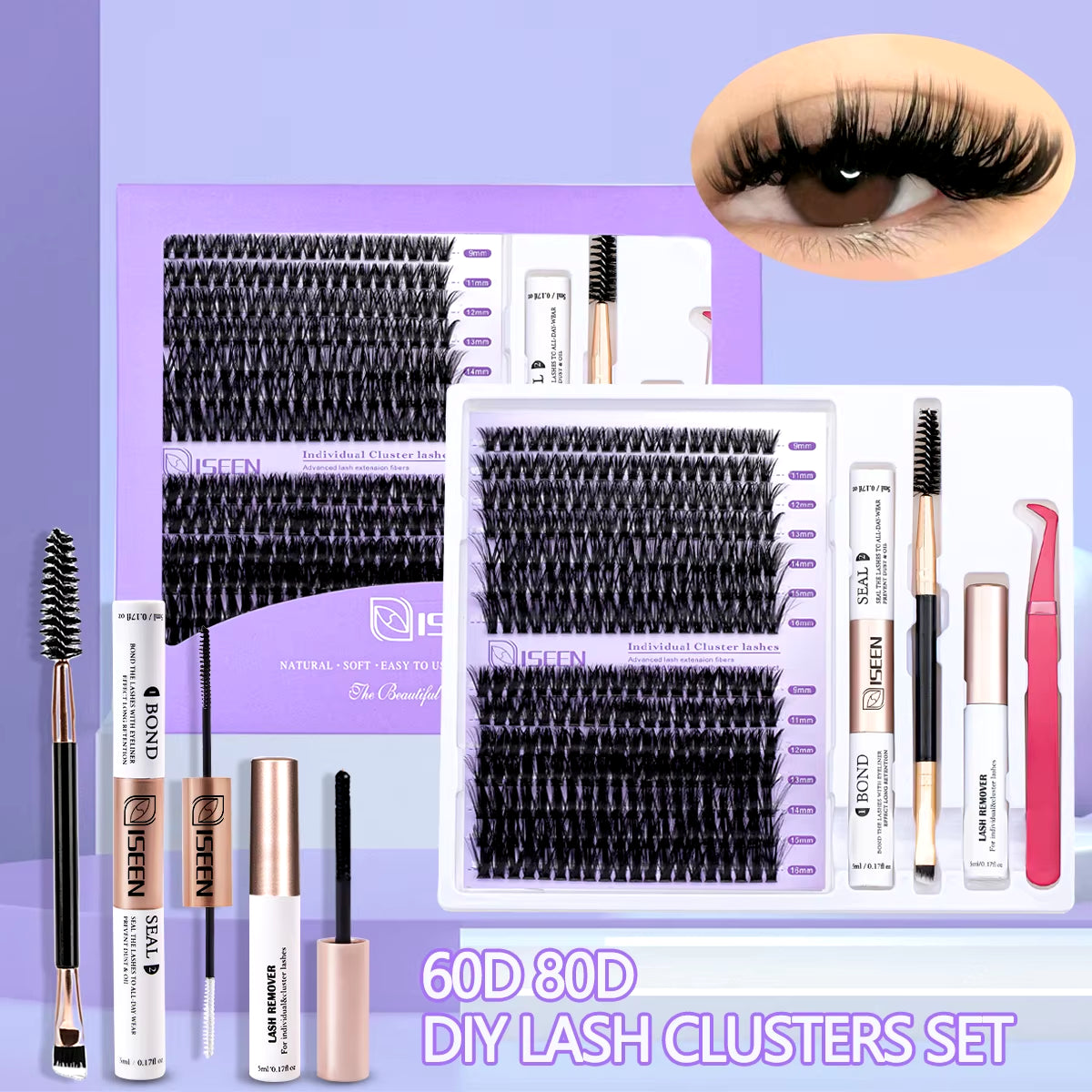 DIY Lash Extension Mix Styles Lash Clusters Individual with Bond&Seal Remover Tweezers Lash Brush for Self Application