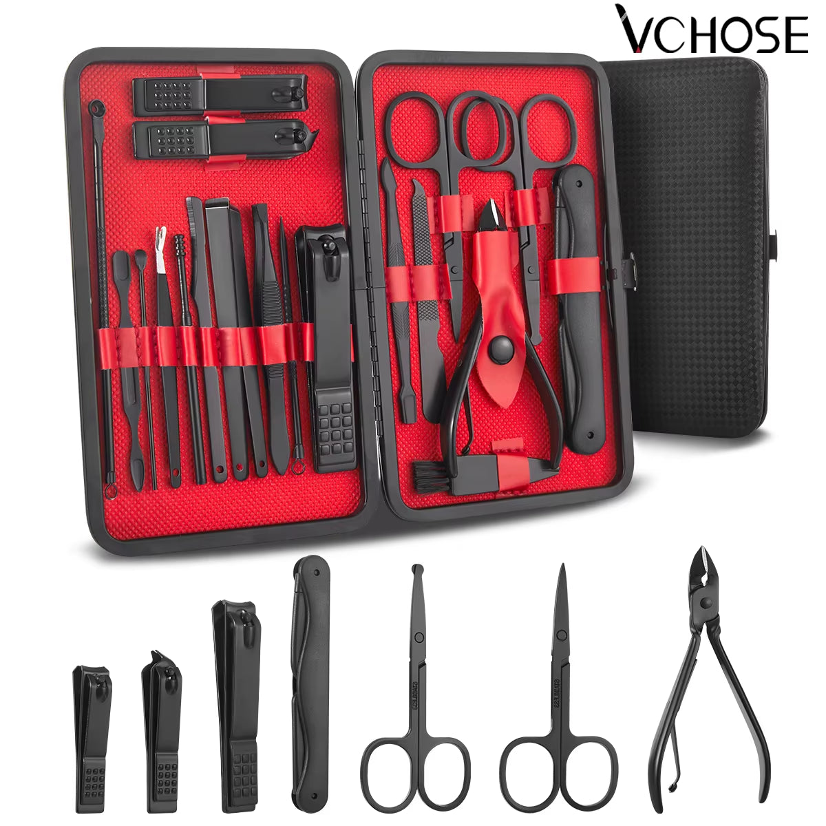 7/15/20Pcs Manicure Nail Clipper Set Stainless Steel Pedicure Scissors Grooming Tool for Beauty with Black Leather Travel Case