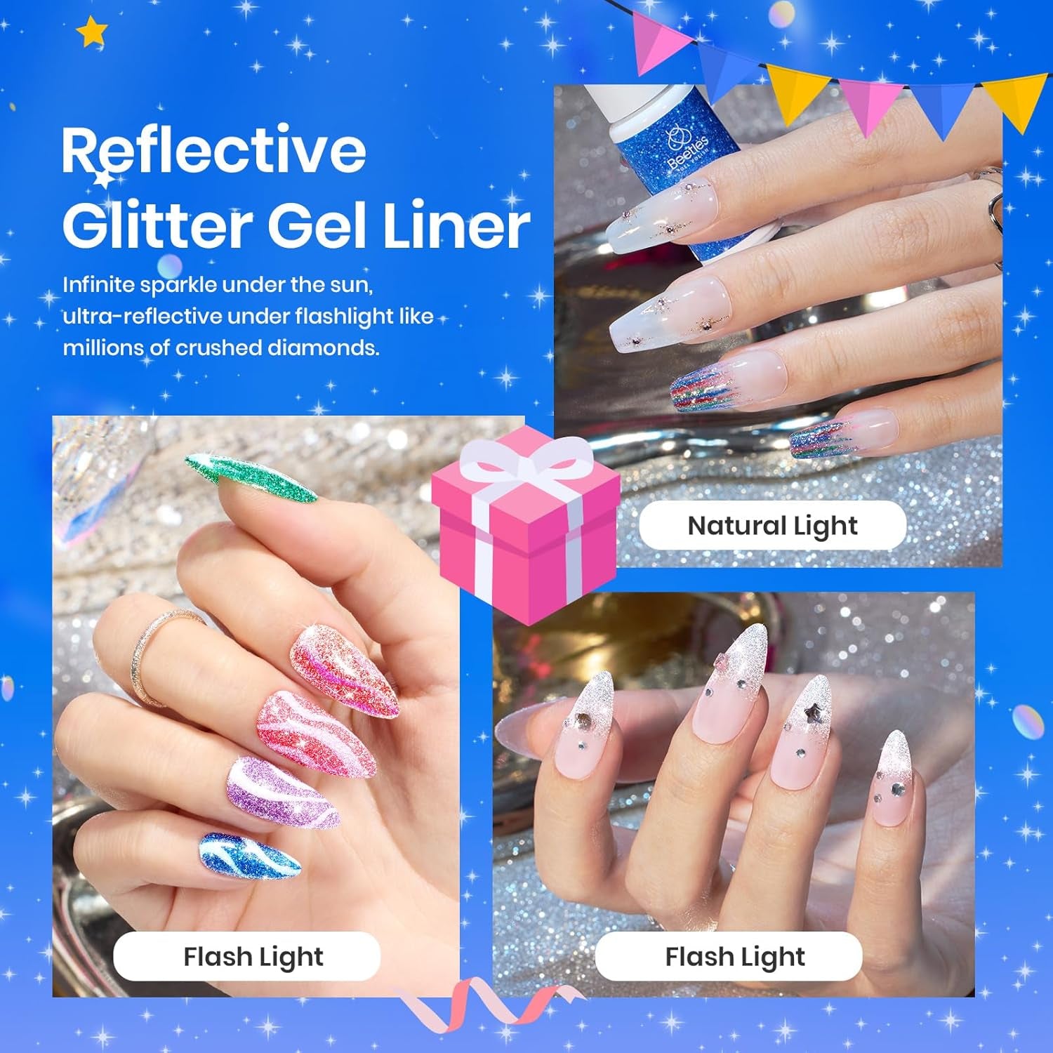 Beetles Nail Art Gel Liner Polish 12 Colors Reflective Glitter Gel Nail Polish, Gold Silver Pink Blue Purple Brown Black Kit Soak off Uv Nail Art Design Set Summer Manicure Gifts for Women