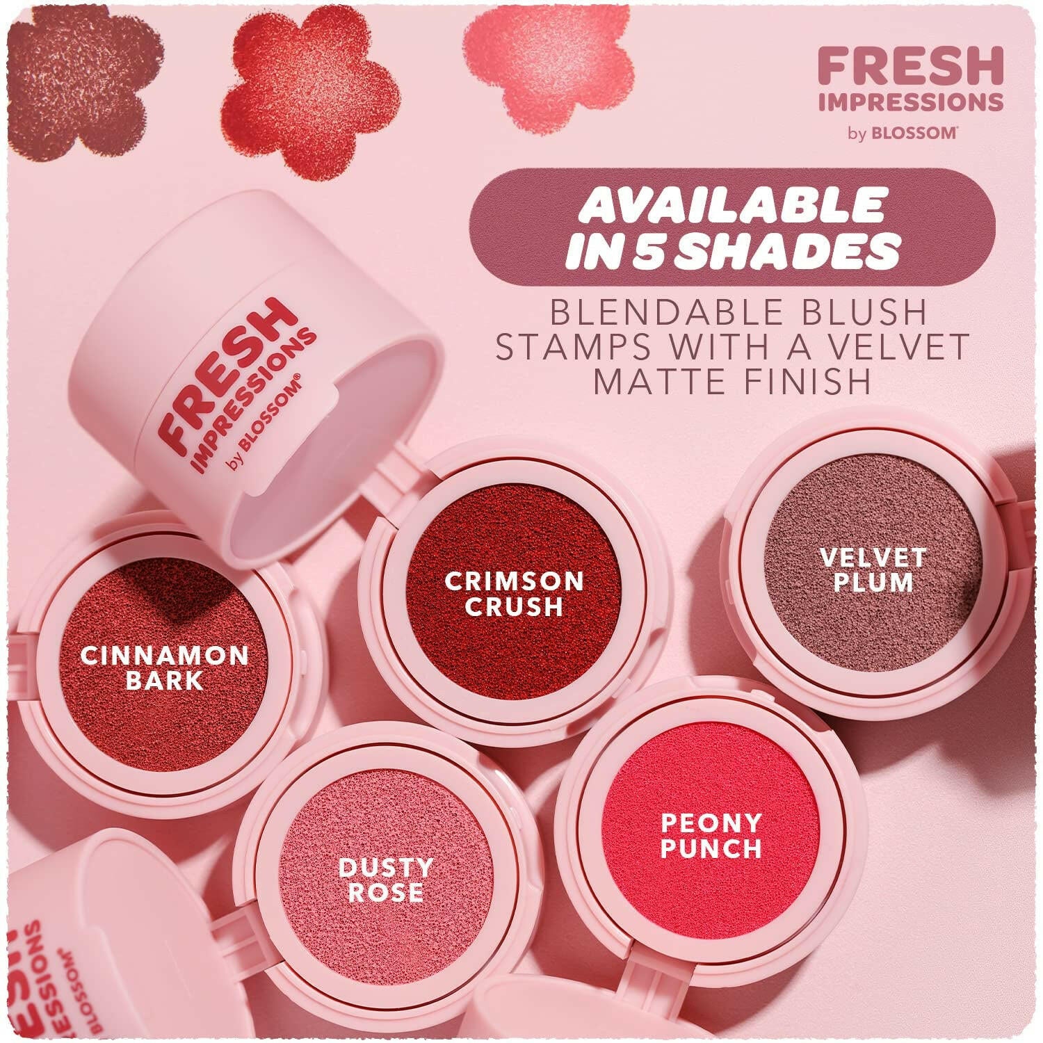 Fresh Impressions Hyper Pigmented Buildable Blendable Cushion Cream Blush Face Tint Cheek Stamp with Velvet Matte Finish & Flower Shaped Applicator, 0.17Oz/5G, Peony Punch