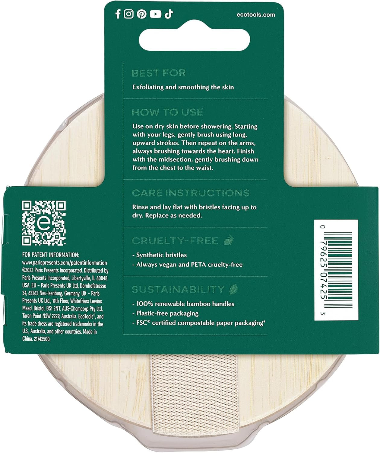 Dry Body Brush, Cruelty-Free Bristles Exfoliate & Smooth Skin, Dry Brushing Removes Flaky Skin, May Help Improve Circulation & Tone, Eco-Friendly Skincare Tool, Vegan & Cruelty-Free, 1 Count