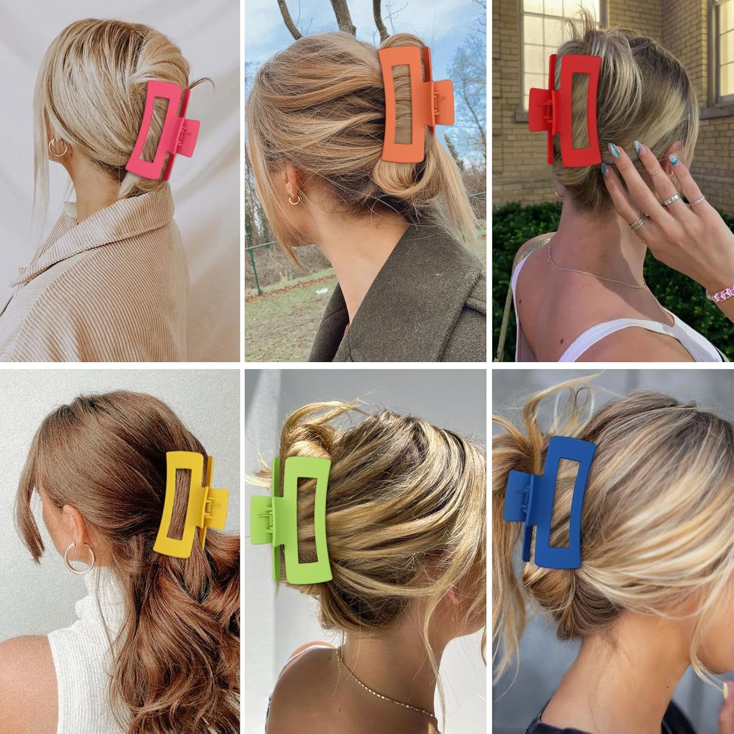 4 Inch Big Hair Claw Clips - 6 Pcs Large for Thick Hair, Square and Rectangle, Banana Jaw Clips, Hair Accessories for Women and Girls - Dopamine