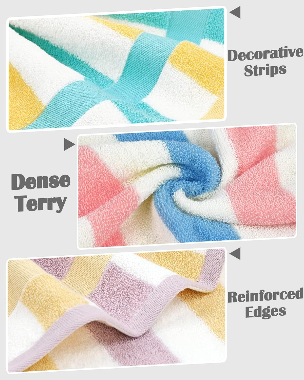 Cotton 12 Pack Striped Washcloths, 13 X 13 Inches, 3 Colors - Face and Body Cleansing Towels