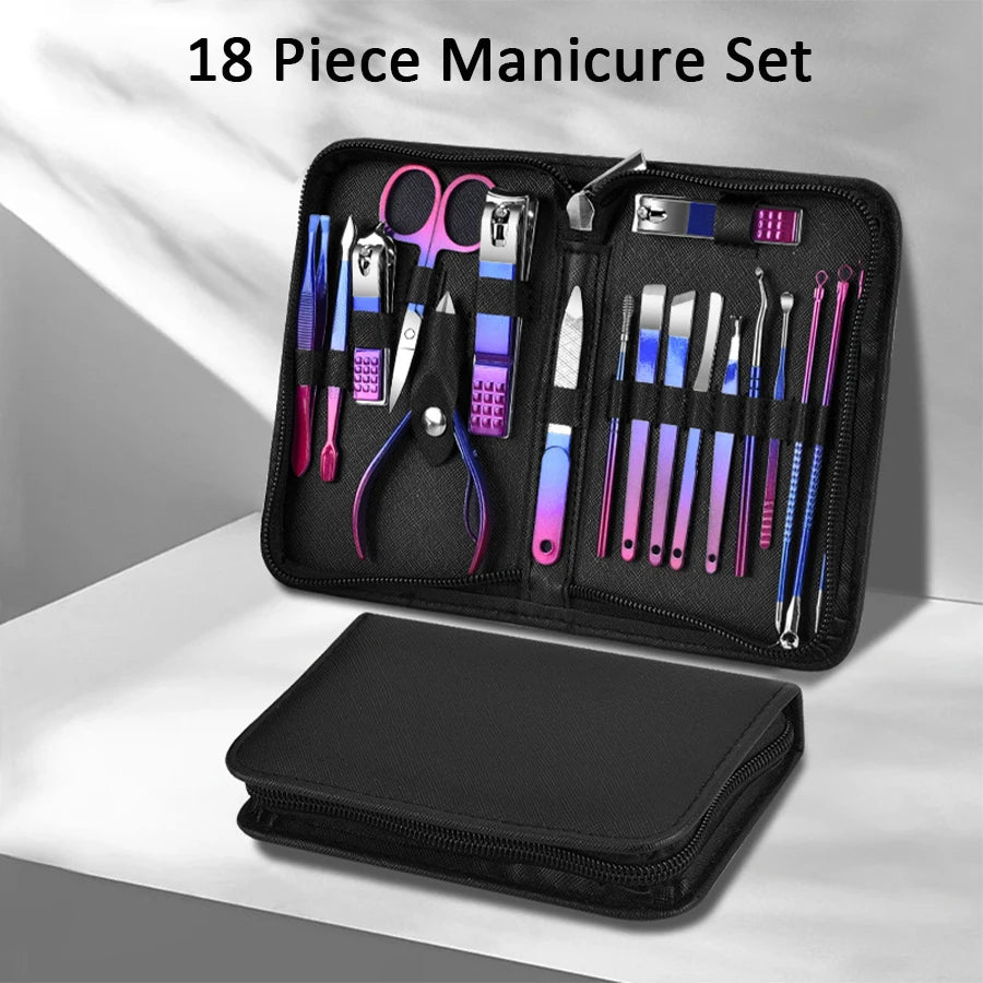 6-18Pcs Set Professional Stainless Steel Manicure & Pedicure Kit Precision Nail Care with Travel Case with Nail Clipper Scissor