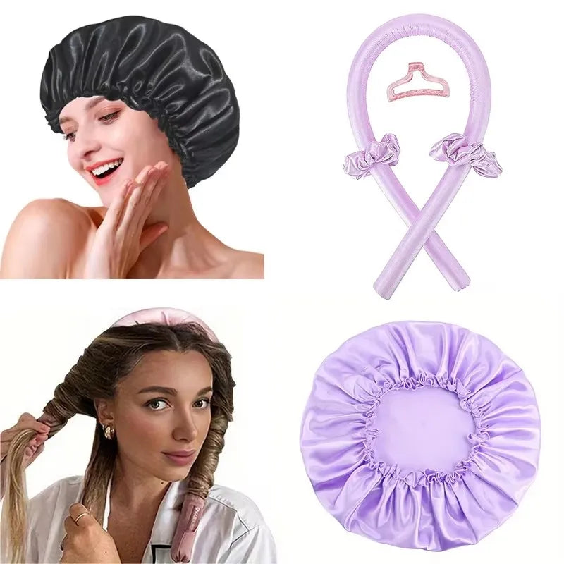 2Pcs Heat Free Hair Curler Satin Silk Sleeping Cap Set Headwrap for Natural Curly Hair Long Hair Care Wave Sleeping Curling Tool