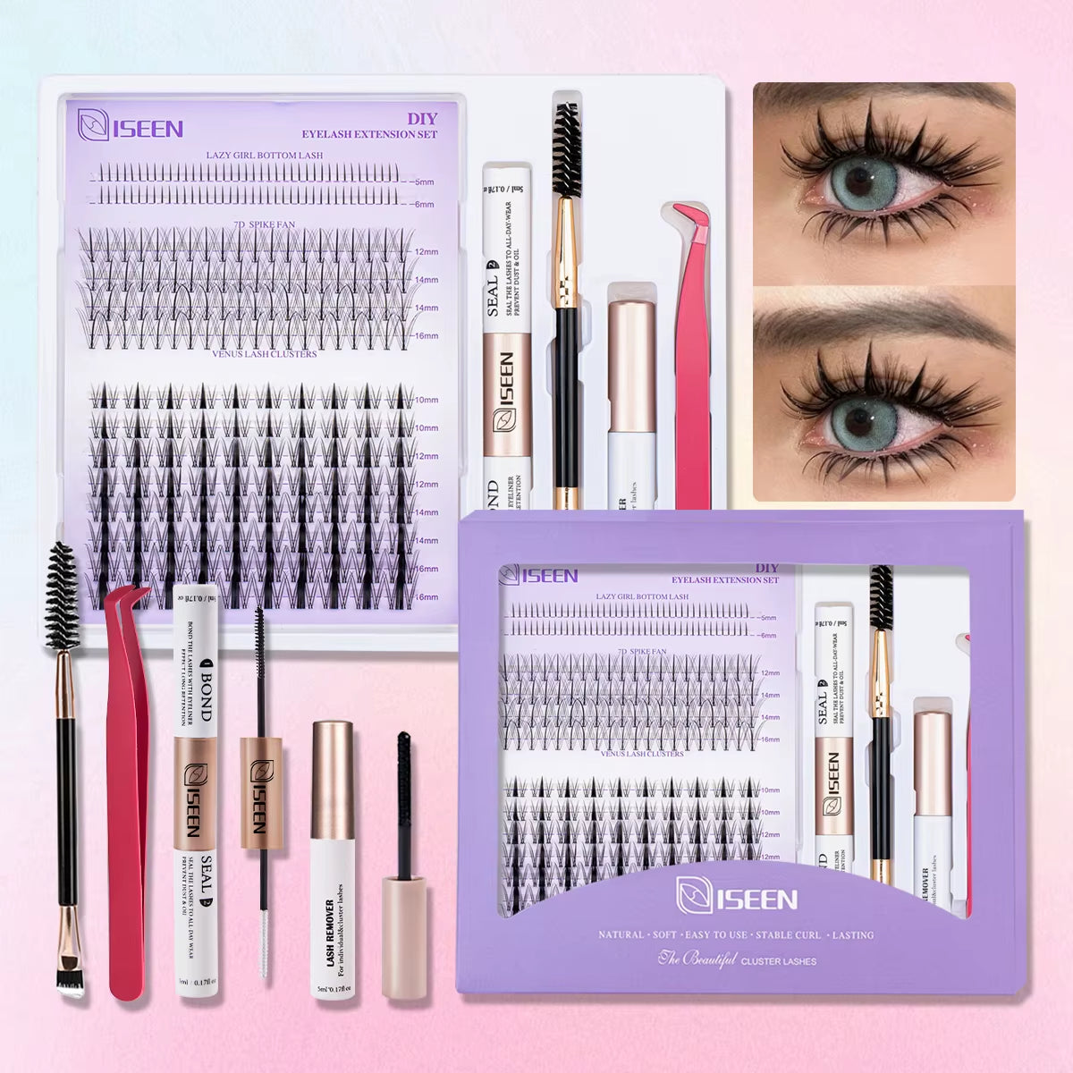 DIY Lash Extension Mix Styles Lash Clusters Individual with Bond&Seal Remover Tweezers Lash Brush for Self Application