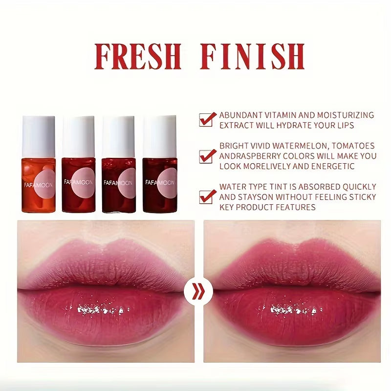 4 Color Fruity Lip Tint Water Gloss Tint,Moisturizing Waterproof Liquid Lipstick, Non-Stick,High Pigment,Long-Lasting Colors