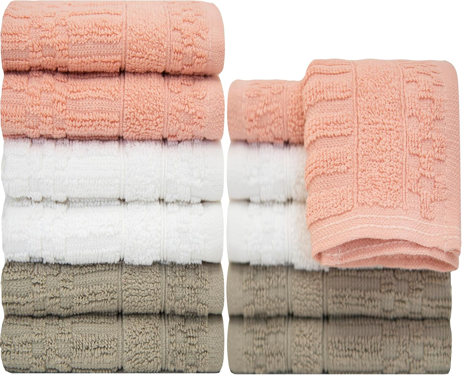Diamond Wash Cloths Set - 12 Pack (12” X 12”) – 509 GSM - 100% Ring Spun Cotton Wash Cloth - Super Soft and Highly Absorbent Face Towels (Blush, White & Tan)