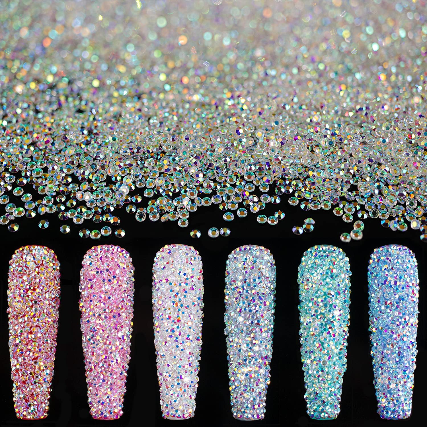 Tiny Nail Rhinestones 5000Pcs 1.2Mm Mini Pixie AB Glass Crystals for Nail Art Manicure Iridescent Long Lasting Shine Small Rhinestone Micro Dust Glitter Caviar Bead Sugar Gem