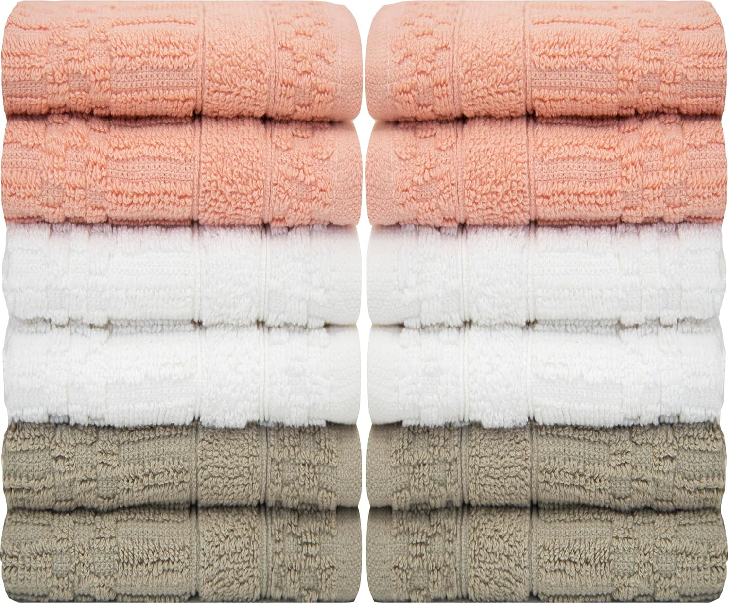 Diamond Wash Cloths Set - 12 Pack (12” X 12”) – 509 GSM - 100% Ring Spun Cotton Wash Cloth - Super Soft and Highly Absorbent Face Towels (Blush, White & Tan)